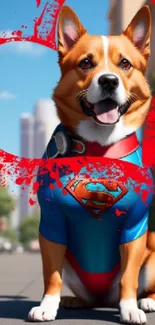 Cute corgi superhero with heart design in city background.