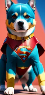 Superhero-themed dog in colorful costume on mobile wallpaper.