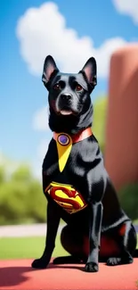 Superhero dog sitting under a bright blue sky in an animated scene.