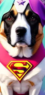 Cartoon dog in superhero costume with a vibrant cape and turquoise background.