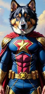 A superhero dog in a colorful costume stands before a grand city skyline.