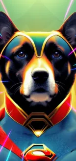 Vibrant superhero dog with colorful aura and dynamic background.