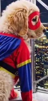 Dog in superhero costume overlooking cityscape.