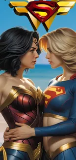 Two female superheroes stand on a beach.