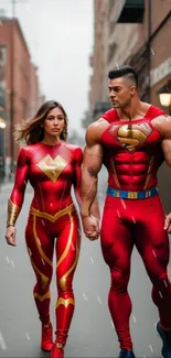 Two superheroes in red outfits walking in an alley.