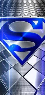 Metallic blue superhero emblem on chrome background wallpaper.