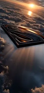 Superhero emblem rising through clouds at sunset.