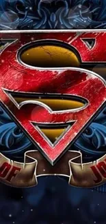 Superhero emblem with red shield and dark blue background.