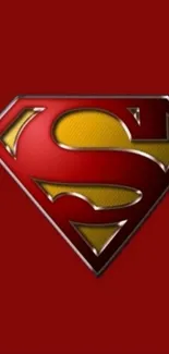 Superhero emblem on a red background with a metallic finish.