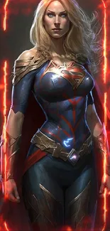 Epic female superhero with red cape and striking armor in dramatic lighting.