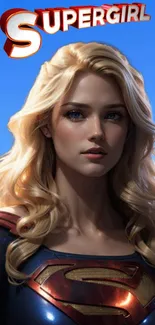 Superhero girl in blue costume with blonde hair against a bright sky.