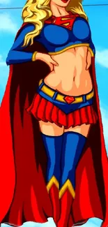 Superhero girl in red and blue outfit, colorful wallpaper for mobile phones.