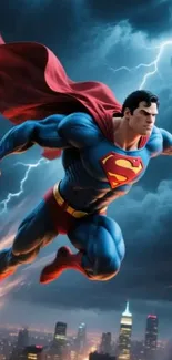 Superhero flying over city with lightning.
