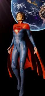 Superhero with red cape in space, Earth in background.