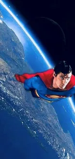 Superhero flying over Earth in space wallpaper.