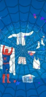 Superhero-themed wallpaper with clothes on a web and colorful stars.