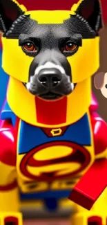 Lego dog in superhero costume with vibrant colors.