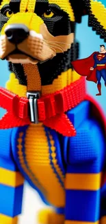 Colorful Lego dog with superhero, vibrant background.