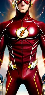 Superhero in red suit with lightning and dynamic effects.