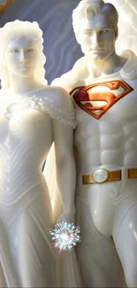 Marble sculptures of superhero figures with intricate details and dynamic pose.