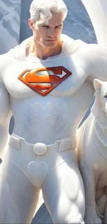 White marble superhero sculpture with dog.