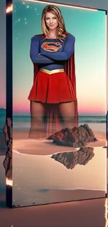 Superhero in mirror with a beach reflection, vibrant colors.