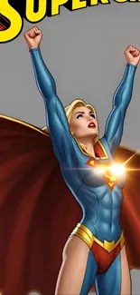 Superhero character in bold pose with vibrant costume and glowing emblem.