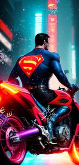 Superhero on a neon motorcycle in futuristic city wallpaper.