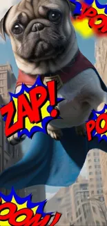 Superhero pug flying with comic effects in city.