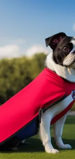 Pug dressed as a superhero on green grass.