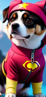 Corgi puppy in superhero costume with scenic blue background.