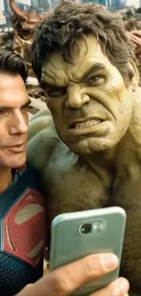 Superheroes taking a selfie together.