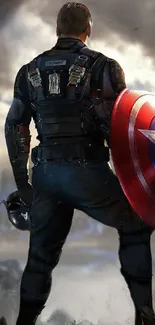 Superhero standing with iconic shield in epic pose.