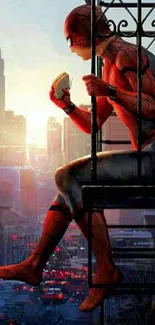 Superhero sits on balcony overlooking city at sunset in vibrant artwork.