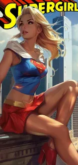 Superhero artwork featuring a female hero sitting atop a cityscape.