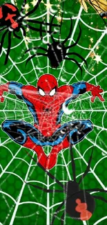 Superhero leaps across a green web with spiders on vivid art wallpaper.