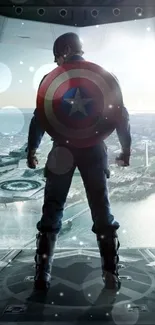 Epic superhero with shield overlooking city from aircraft.