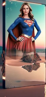 Superhero standing in cape against sunset beach backdrop on phone wallpaper.