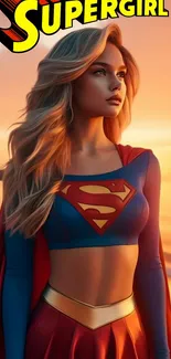 Supergirl standing on beach at sunset.