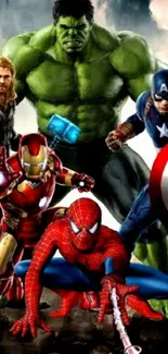 Superheroes assemble in a dynamic mobile wallpaper.