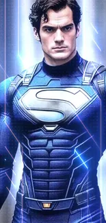 Superhero in blue and black costume mobile wallpaper.