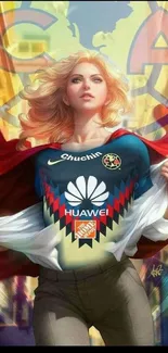 Vibrant superhero-themed wallpaper with red cape and female hero.