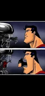 Superhero faces off against alien in dramatic comic art.