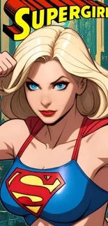 Blonde superhero in red and blue costume wallpaper art.