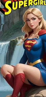 Supergirl in a blue costume sitting by a scenic waterfall.