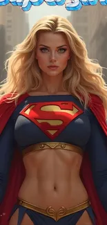 Blonde superhero woman in blue suit with red cape.