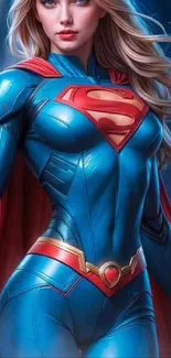 Superhero woman in blue suit with a red cape.