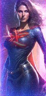 Superhero woman in blue suit with red cape, striking powerful pose.