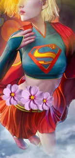 Dynamic female superhero in red and blue attire with vibrant floral accents and glowing backdrop.