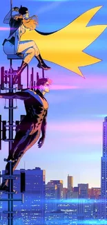 Two superheroes atop a skyscraper in a cityscape with a vibrant blue sky.